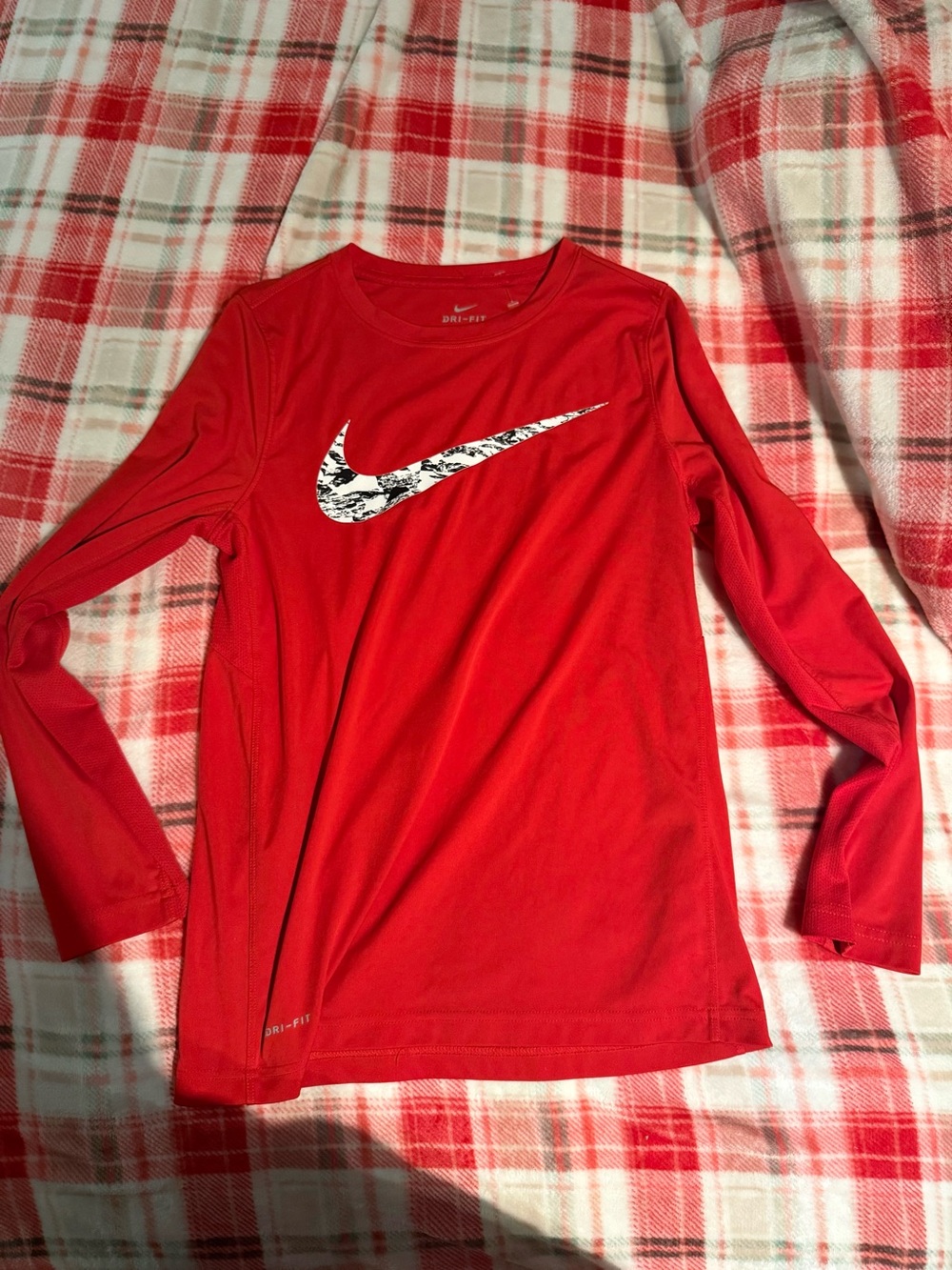 Nike Red Long-Sleeve Kids Dri-FIT Shirt with White Patterned Swoosh